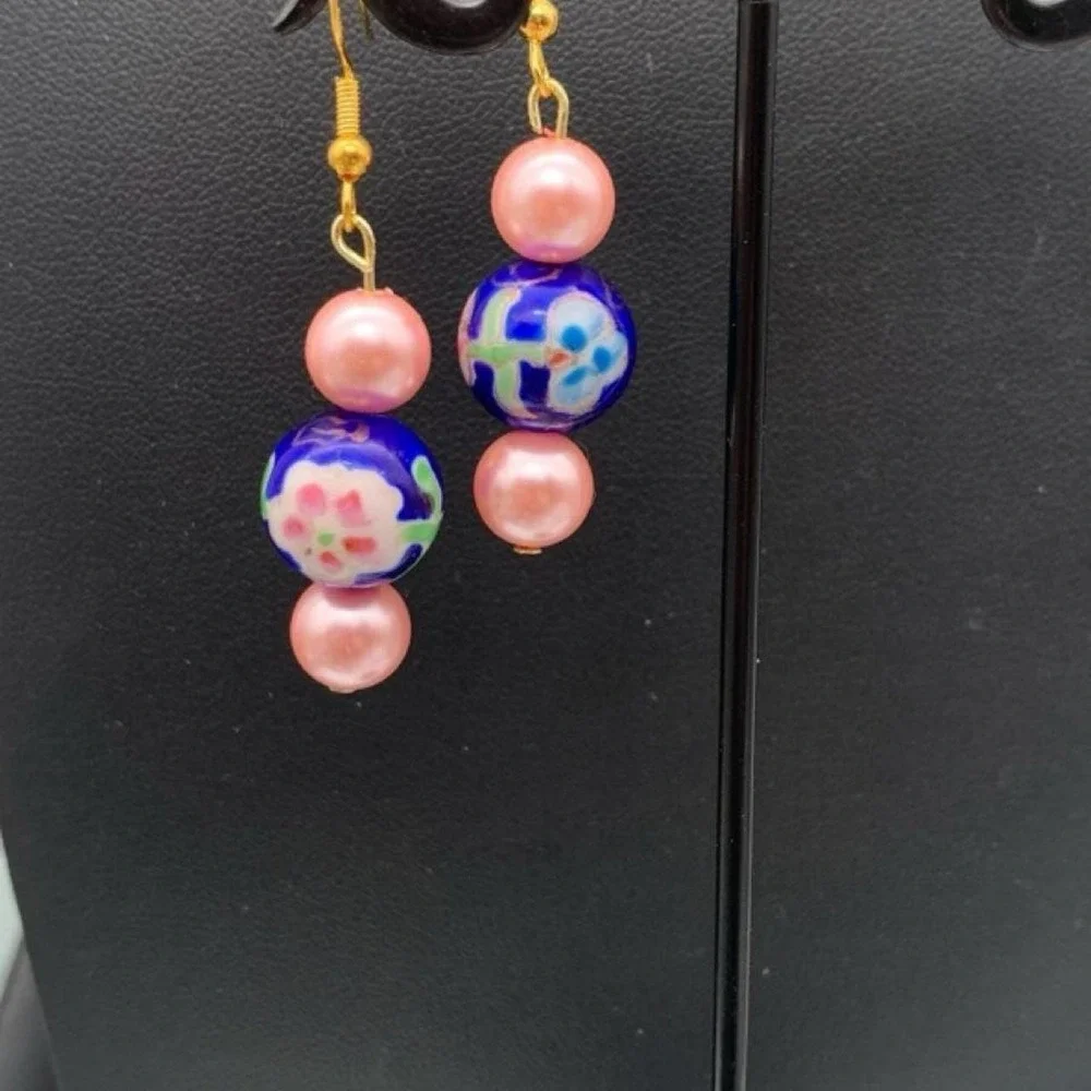 Blue floral art glass earrings with pink faux pearls